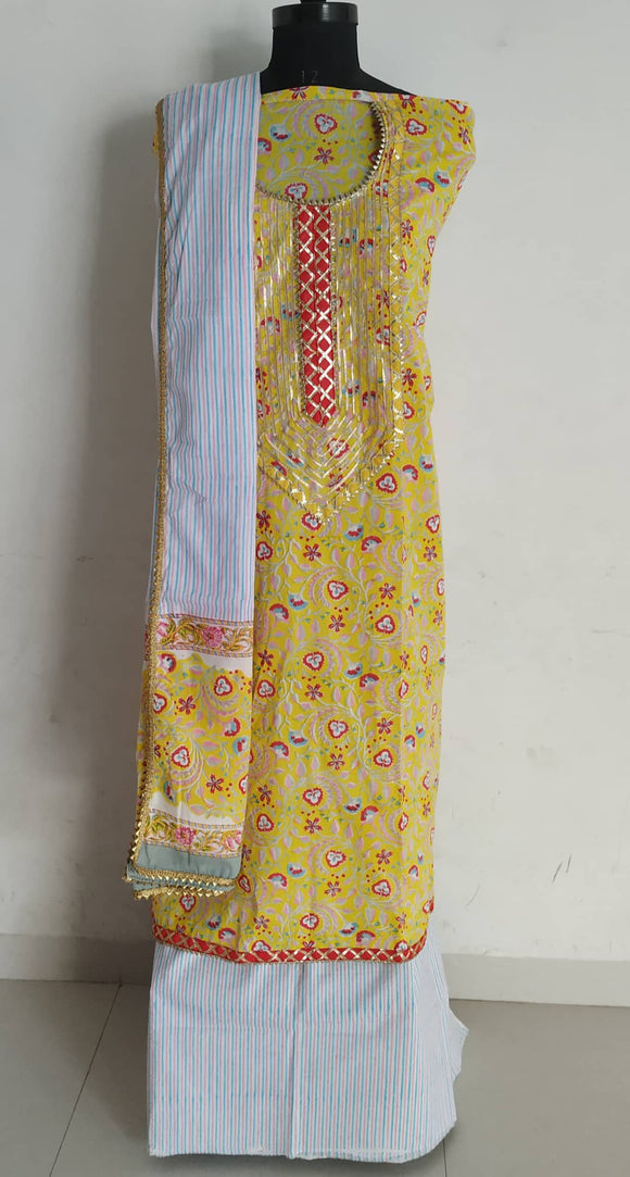 Yellow Gadh Floral Stripes Gota Suit Set